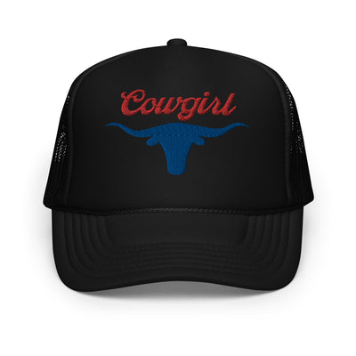 Cowgirl Longhorn Embroidered Foam Trucker Hat (Black)