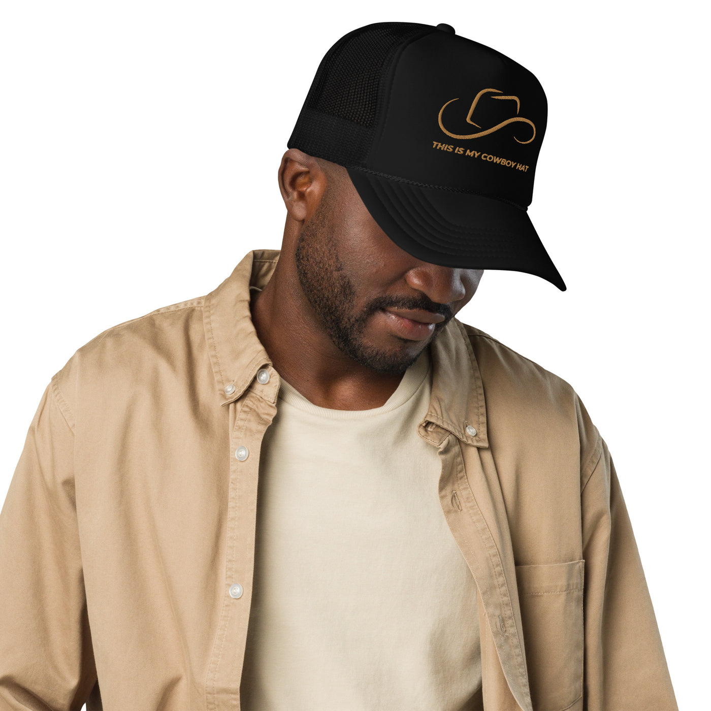 "This Is My Cowboy Hat" Embroidered Foam Trucker Hat (Black)