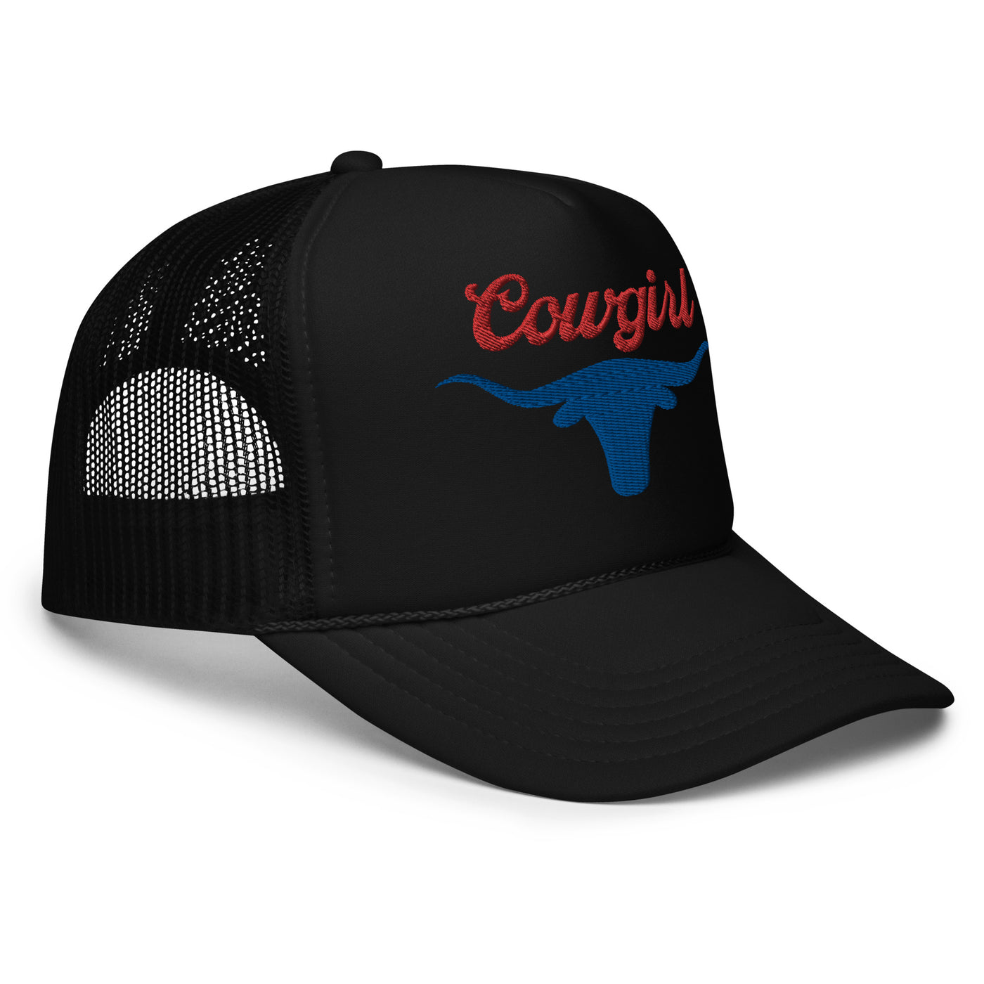 Cowgirl Longhorn Embroidered Foam Trucker Hat (Black)