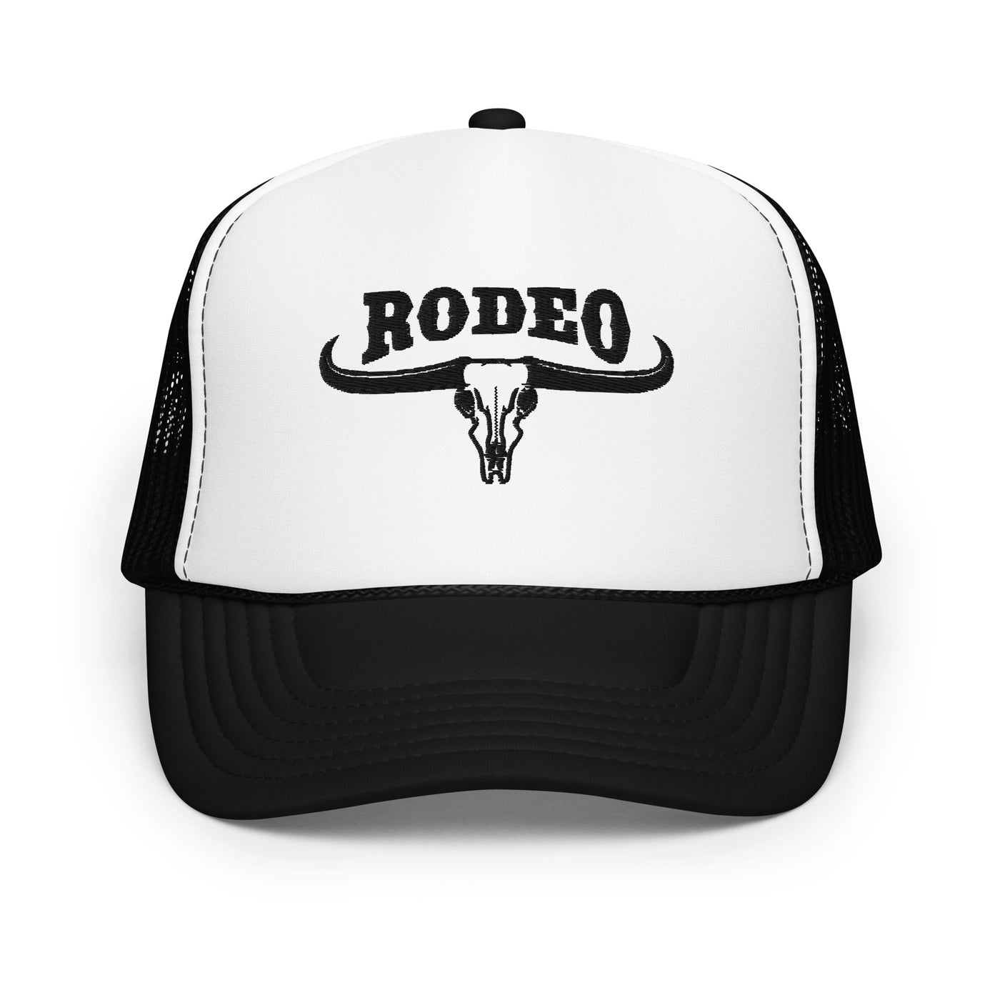 Rodeo Longhorn Embroidered Foam Trucker Hat (Black/White)