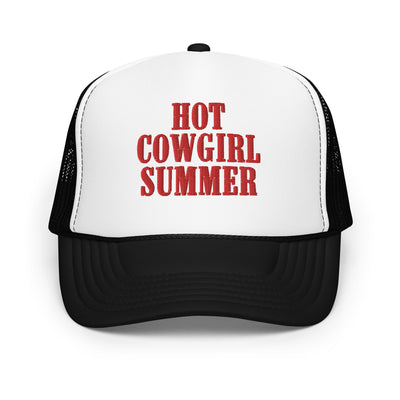 "Hot Cowgirl Summer" Embroidered Foam Trucker Hat (Black/White)