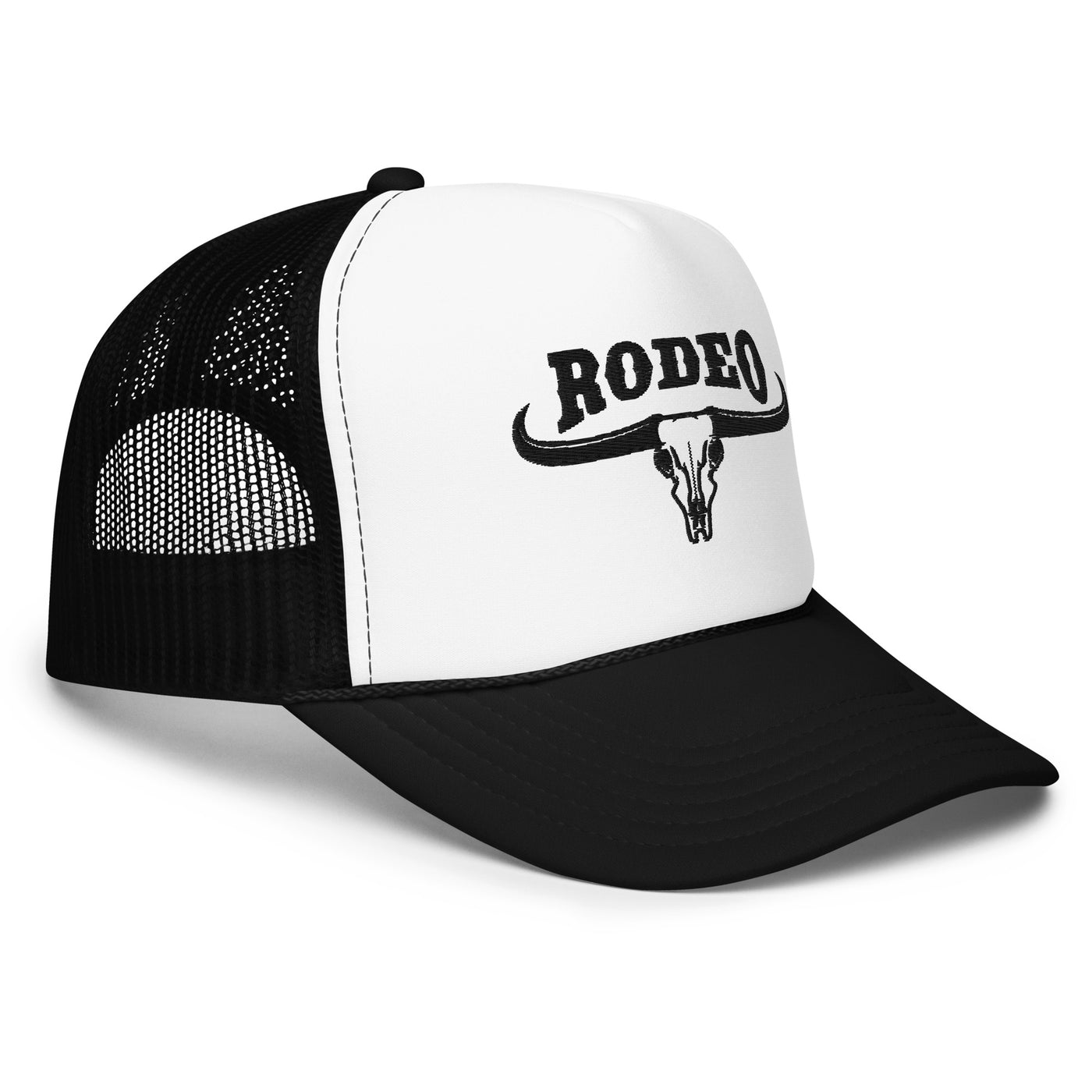 Rodeo Longhorn Embroidered Foam Trucker Hat (Black/White)