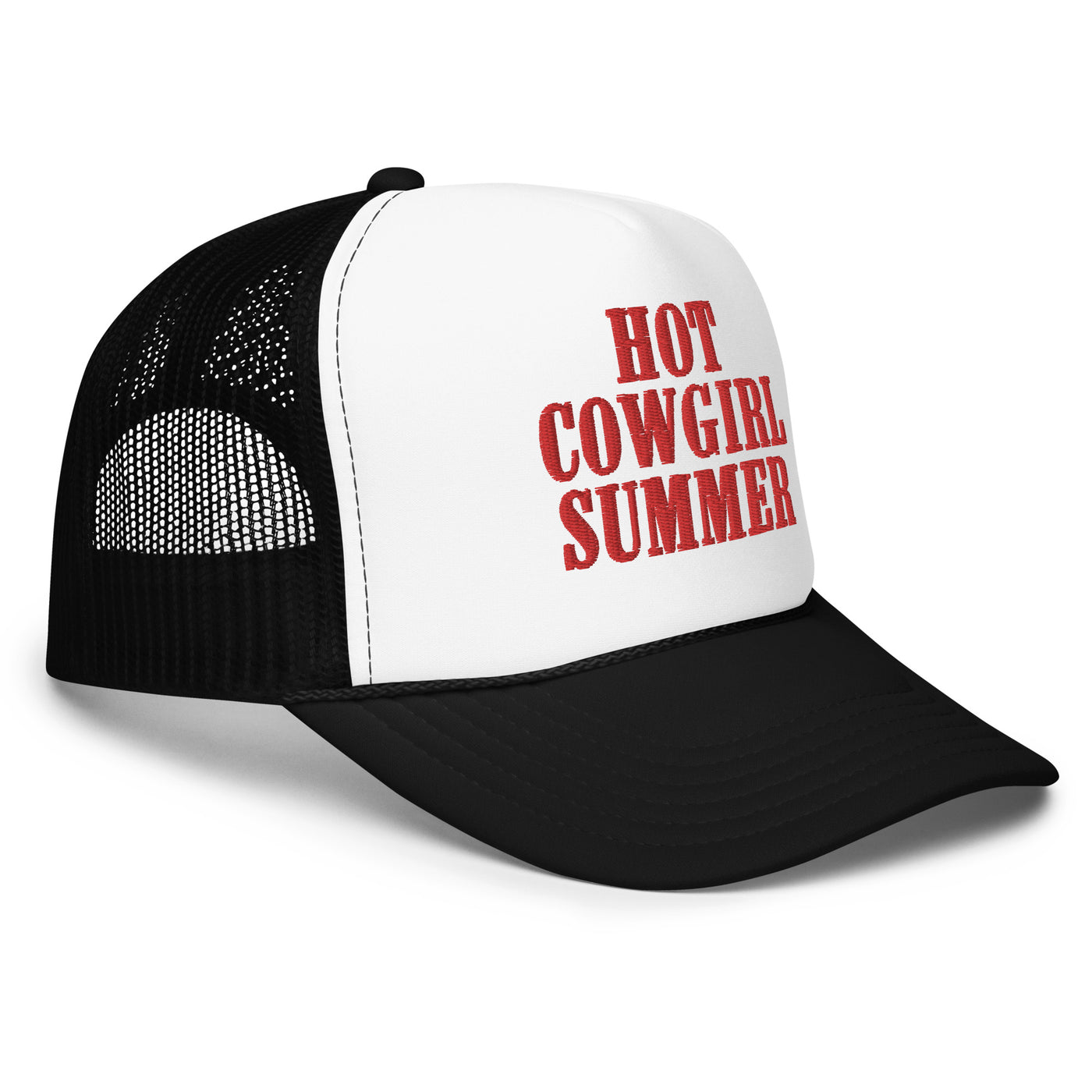 "Hot Cowgirl Summer" Embroidered Foam Trucker Hat (Black/White)