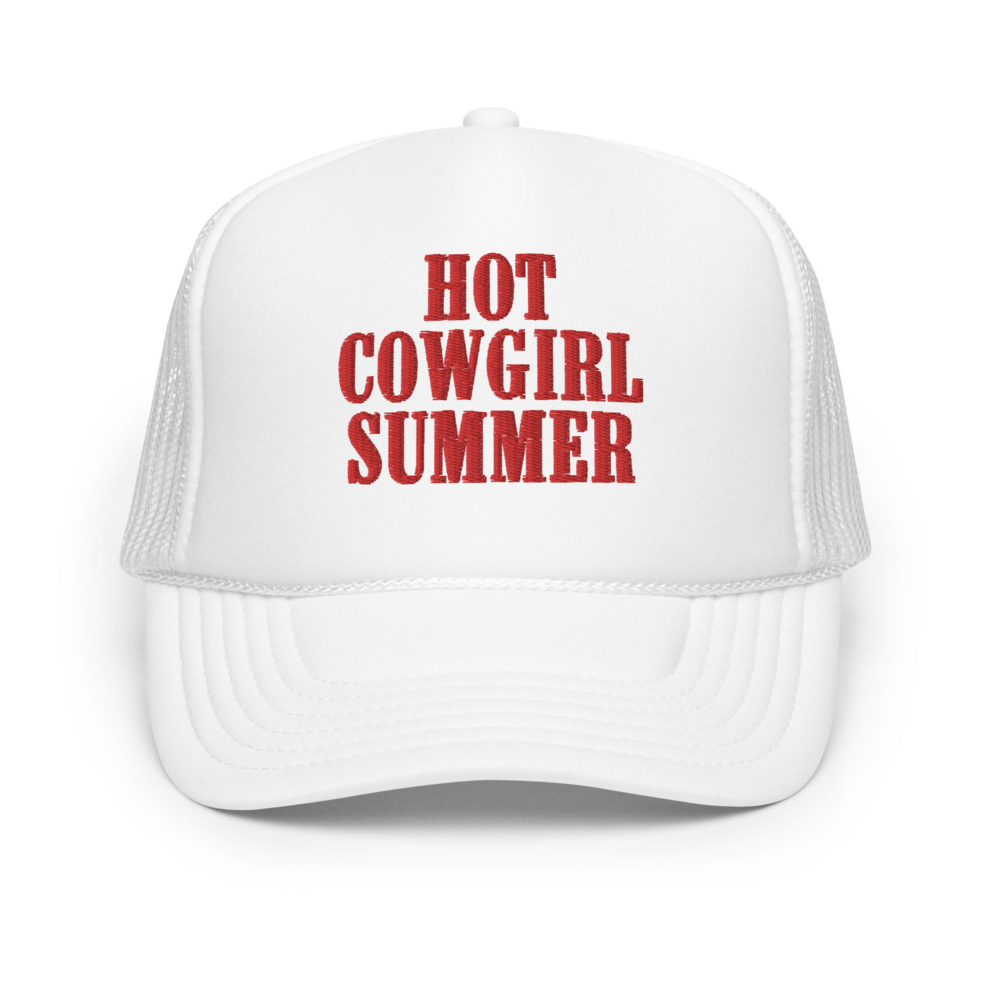 "Hot Cowgirl Summer" Embroidered Foam Trucker Hat (White)