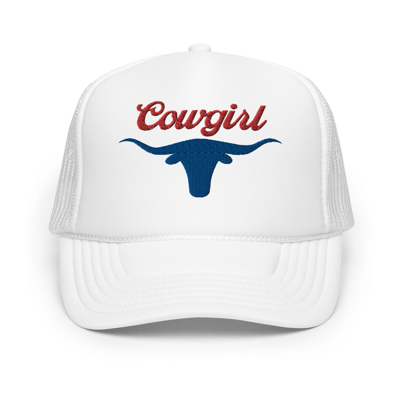 Cowgirl Longhorn Embroidered Foam Trucker Hat (White)