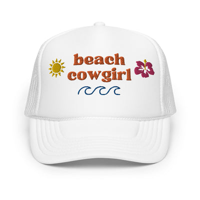 "Beach Cowgirl" Summer Embroidered Foam Trucker Hat (White)