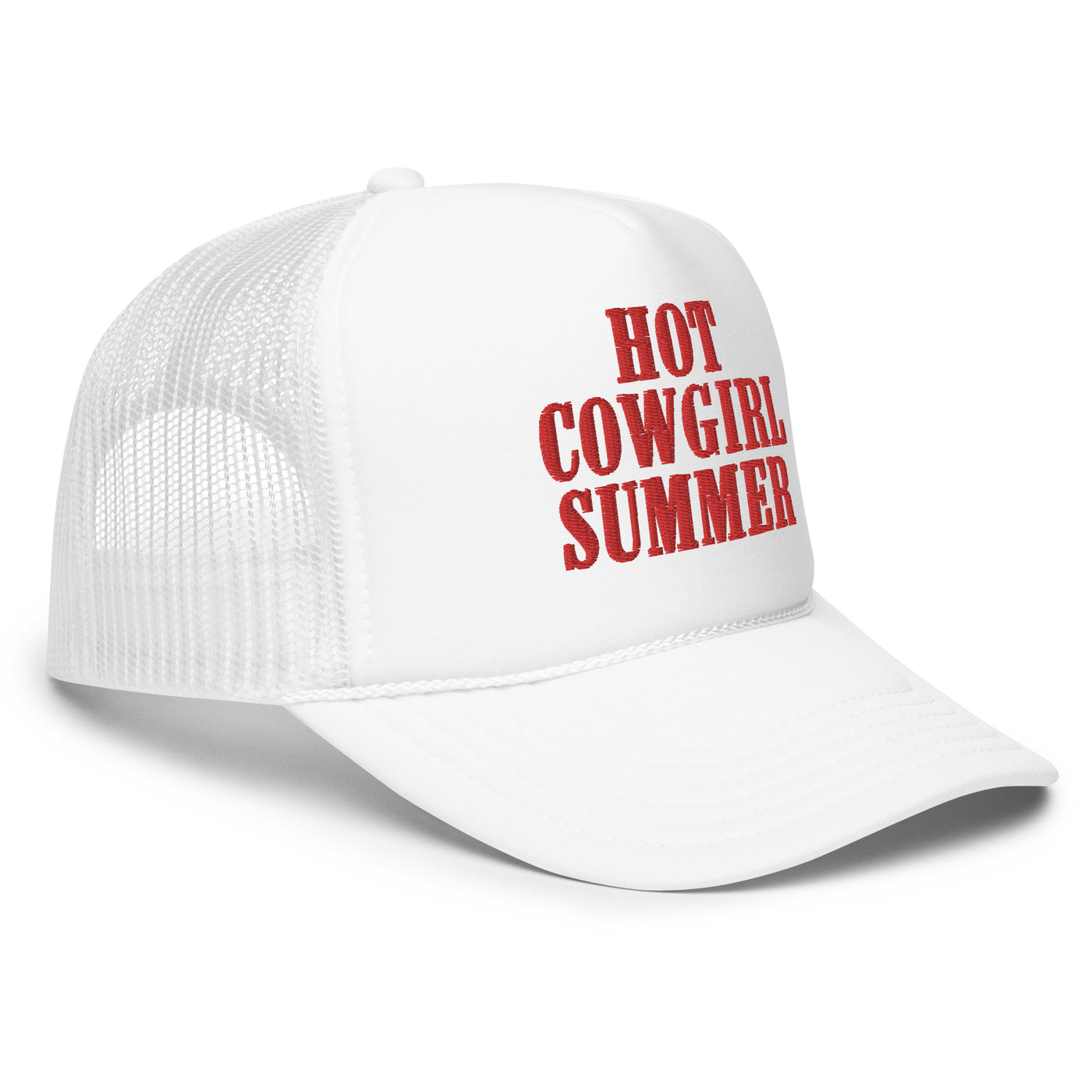 "Hot Cowgirl Summer" Embroidered Foam Trucker Hat (White)