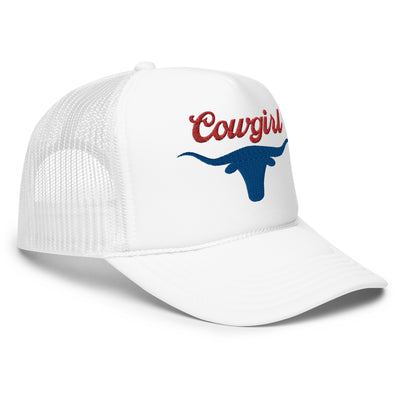 Cowgirl Longhorn Embroidered Foam Trucker Hat (White)