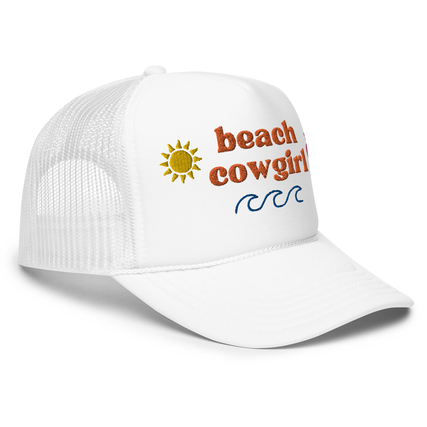 "Beach Cowgirl" Summer Embroidered Foam Trucker Hat (White)